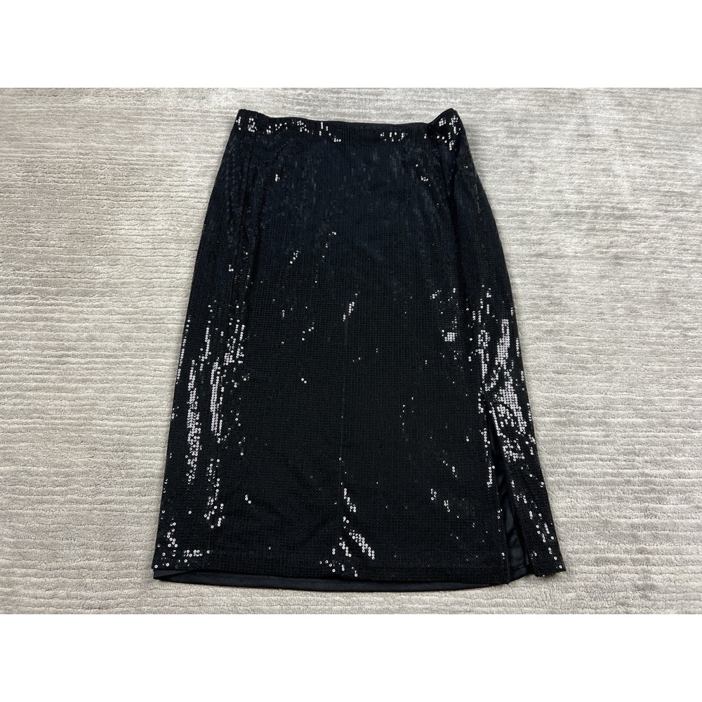 Time and Tru Skirt Womens Medium Black Side Zip‎ Midi Sequin Shiny Polyester